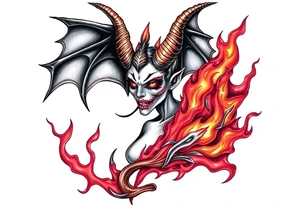 Female demon in the flame tattoo idea