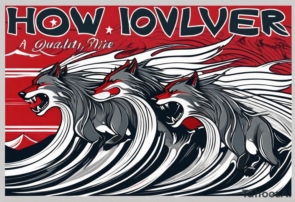 a pack of 3 howling muscular  gray wolves surfing waves with a linear background with red, white and black and gray including the word Howler in an aggressive script font tattoo idea