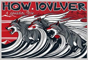 a pack of 3 howling muscular  gray wolves surfing waves with a linear background with red, white and black and gray including the word Howler in an aggressive script font tattoo idea