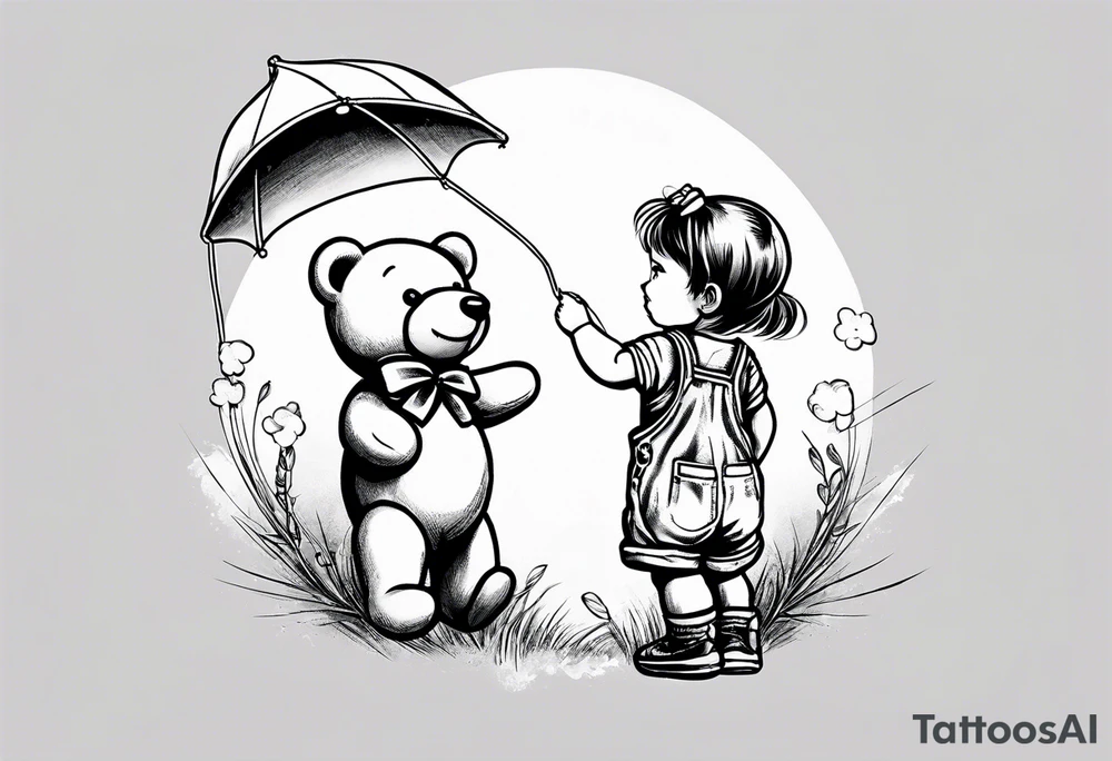 back image of a little girl flying a kite and a teddy bear in overalls, standing beside her tattoo idea