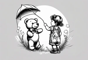 back image of a little girl flying a kite and a teddy bear in overalls, standing beside her tattoo idea