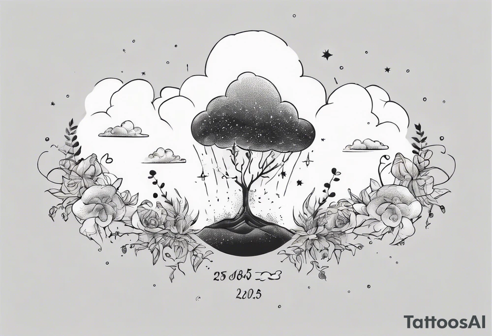 a forearm tattoo with a cloud with little plants and underneath it the date 12.08.05 tattoo idea