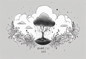 a forearm tattoo with a cloud with little plants and underneath it the date 12.08.05 tattoo idea