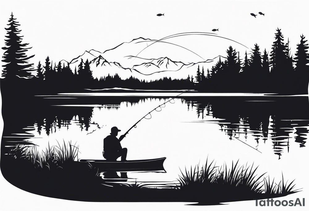 Fishing rod on a lake bank
do not put a fish in the picture fine line silhouette tattoo idea