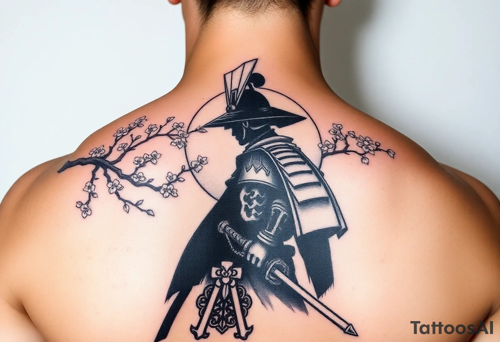 noble samurai warrior silhouette at sunset with cherry blossoms tattoo idea