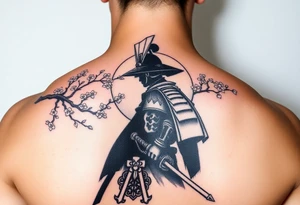 noble samurai warrior silhouette at sunset with cherry blossoms tattoo idea