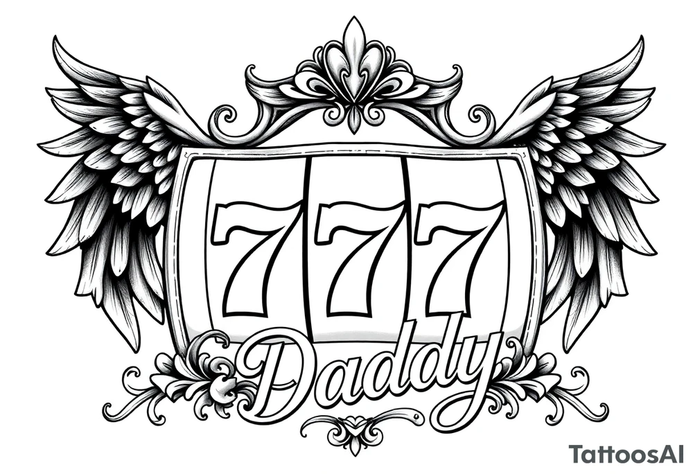 Slot machine with 777 with angel wings and word Daddy tattoo idea