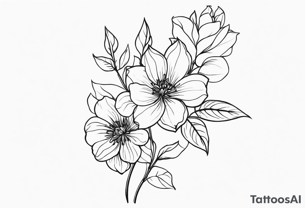 June birth flower, January birth flower, April birth flower, April birth flower, July birth flower in a vertical line on the same vine tattoo idea