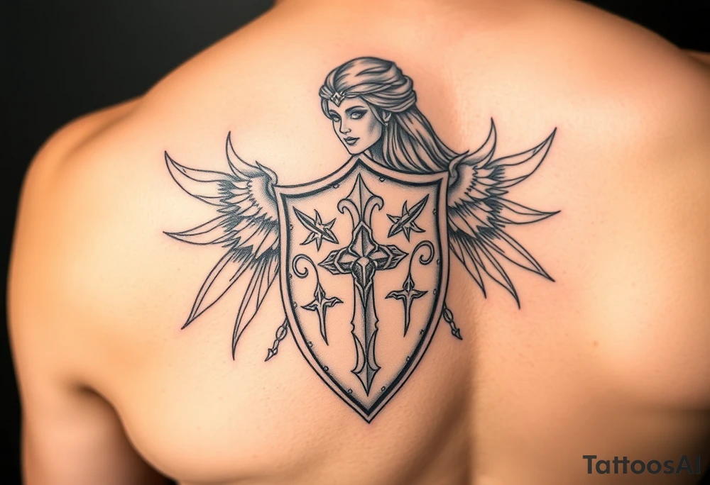Shield maiden, black work, intricate lines tattoo idea