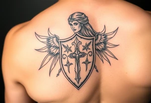 Shield maiden, black work, intricate lines tattoo idea