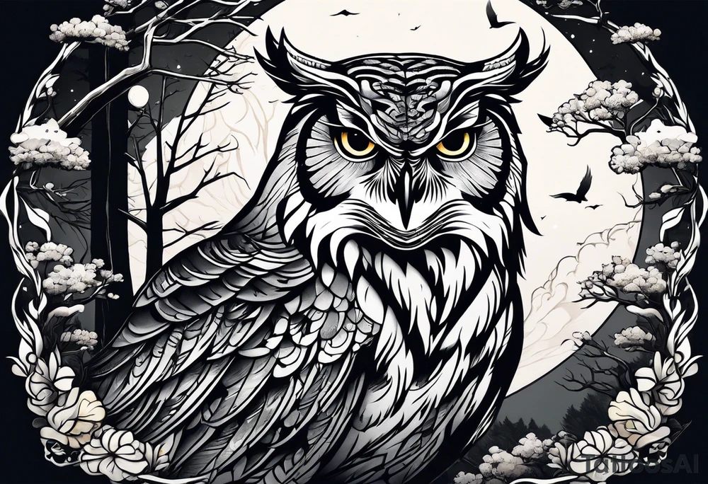 Owl tiger underneath a full moon in a forest tattoo idea