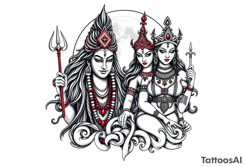 Lord Shiva, Godess Kali, Godess Lilith Together with the moon in the background tattoo idea