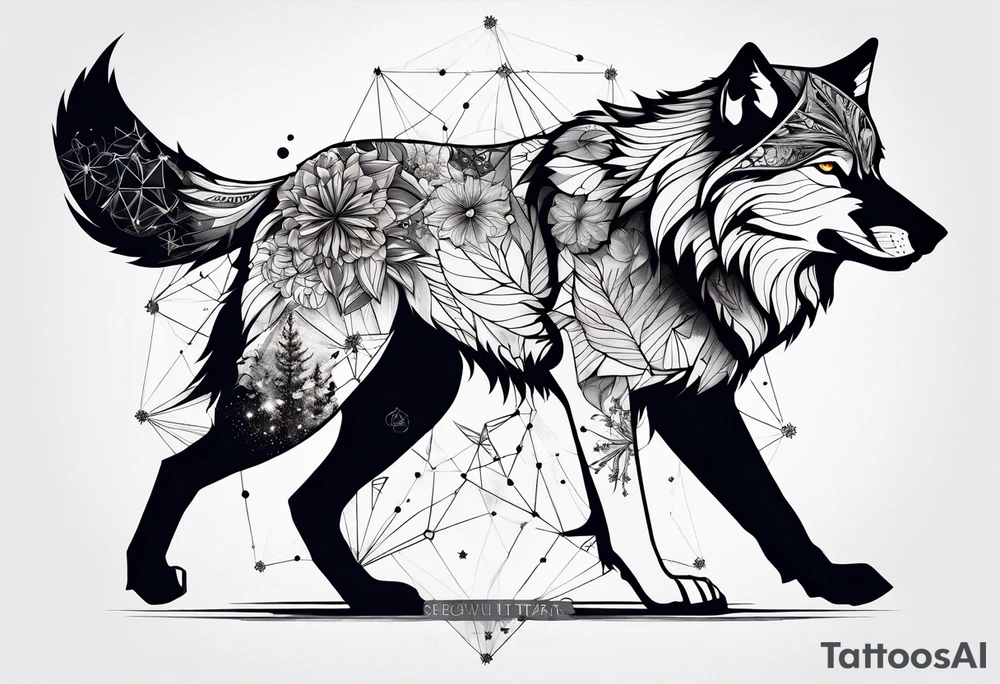 Constellation, animal wolf snow , géométric , flower tattoo idea