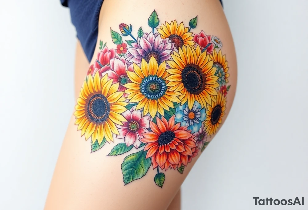 Bouquet of sunflowers, water Lillies, dahlias, marigolds, carnations, hydrangeas, daisys, and chrysanthemums tattoo idea