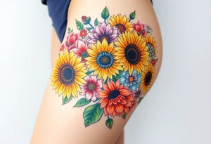 Bouquet of sunflowers, water Lillies, dahlias, marigolds, carnations, hydrangeas, daisys, and chrysanthemums tattoo idea