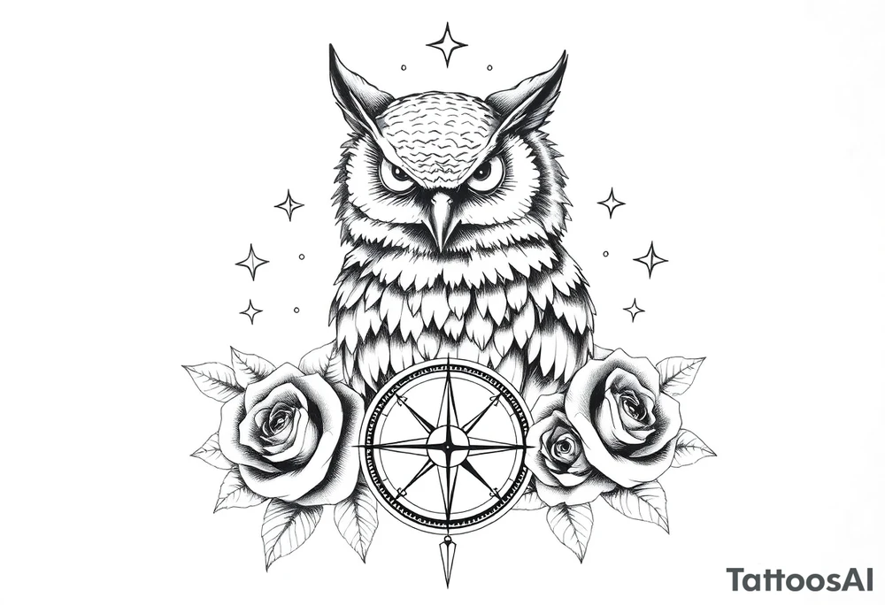 an owl,compass,roses,stars. tattoo idea