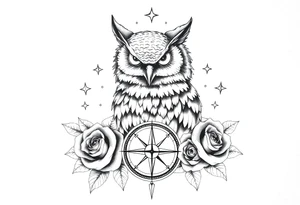 an owl,compass,roses,stars. tattoo idea