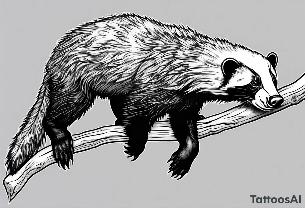honey badger hanging off branch tattoo idea