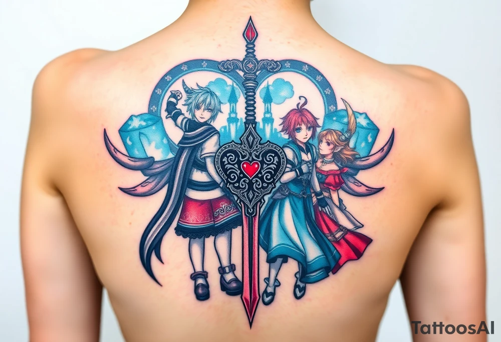 Kingdom Hearts tattoo design featuring from the game, together in a dynamic, united pose. The centerpiece should include the Heartless Keyblade, with a beautiful and ethereal Kingdom Hearts-inspired background—think glowing stars, floating islands, and stained-glass elements in backroung. The design should capture themes of friendship, light vs. darkness, and adventure. Style should be detailed, fantasy-oriented, and suitable for a large piece tattoo idea