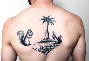 A boy squirrel and a girly squirrel on an island under a palm tree with a sailboat close by tattoo idea