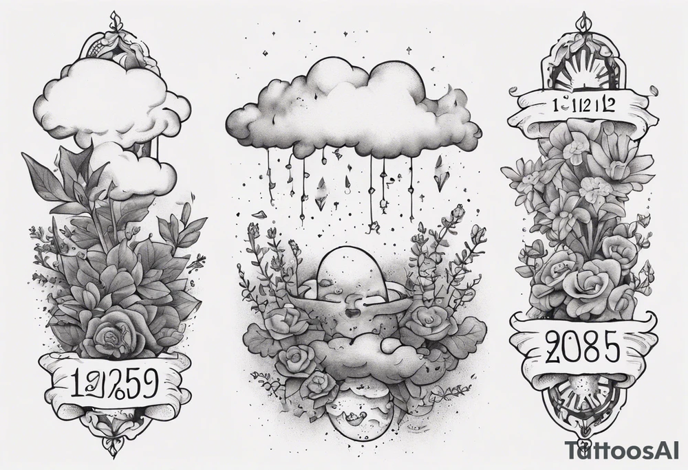 a forearm tattoo with a cloud with little plants and underneath it the date 12.08.05 tattoo idea