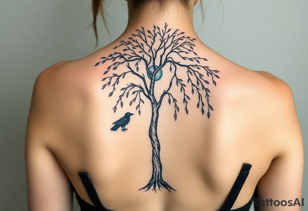 Weeping willow with starry sky background with zodiac constellations in it with runes and ravens tattoo idea