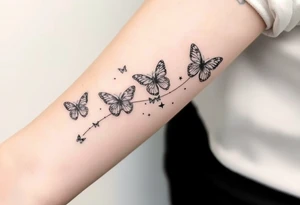 Butterflies streaming down arm with kid names (Aden, Aninna, Novaih, Jayla, Rayla ) in between them with a streamer binding them together tattoo idea