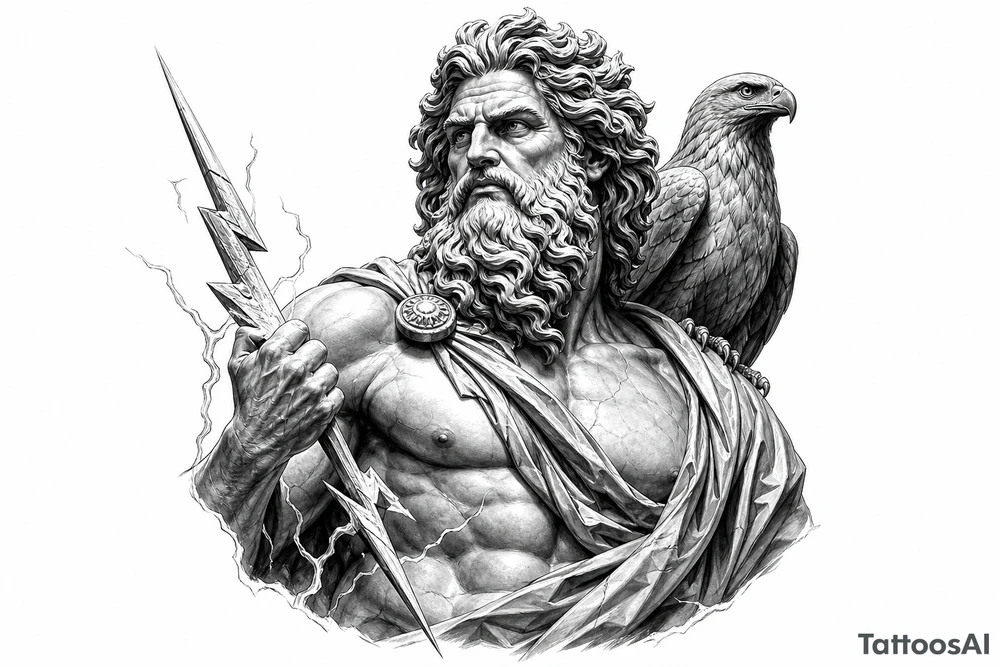 Zeus wielding a lightning bolt, eagle perched on his shoulder, classical Greek sculpture style. tattoo idea