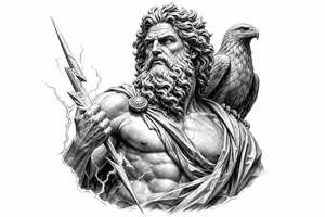 Zeus wielding a lightning bolt, eagle perched on his shoulder, classical Greek sculpture style. tattoo idea