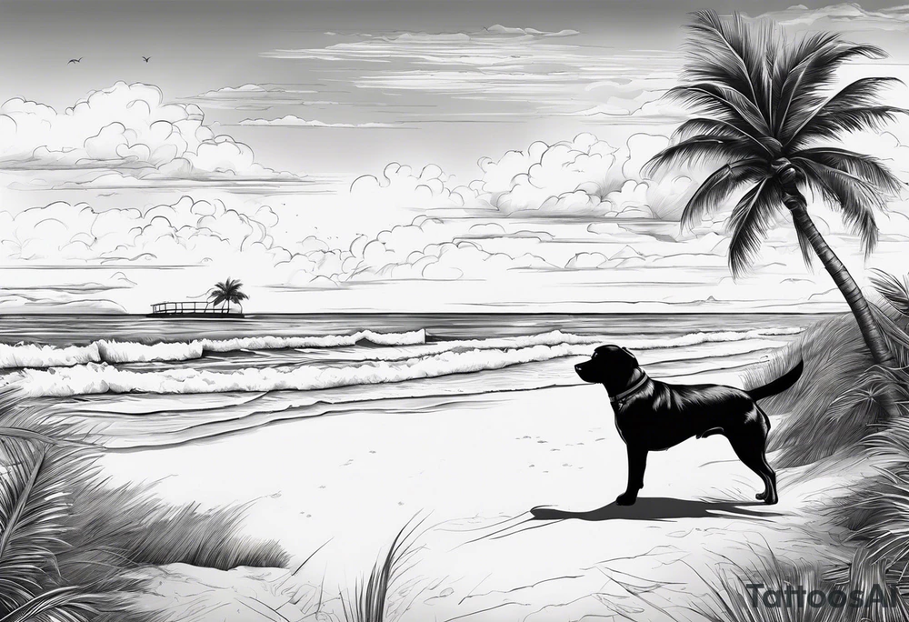 Beach with an ocean in the background with one big palm tree. On the beach there are 2 dogs. In the air there will be a couple birds flying tattoo idea