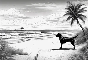 Beach with an ocean in the background with one big palm tree. On the beach there are 2 dogs. In the air there will be a couple birds flying tattoo idea