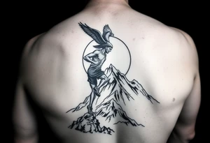 small image of a runner, tackling a mountain with a sunset background and an eagle looking over him. in black and white. tattoo idea