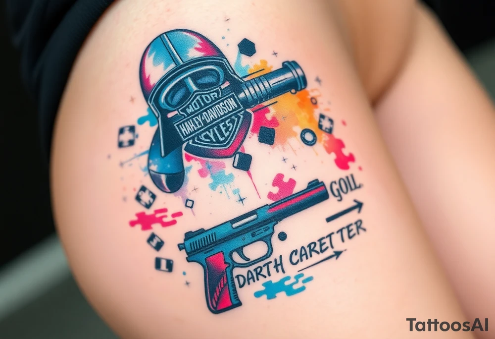 colorful futuristic memory tattoo for passed boyfriend;, star wars, Harley Davidson, skateboarding, puzzle pieces, video games, heaven, god, outdoors, beretta 9mm gun, disc golf, words MEMENTO MORI & DARTH CARTER tattoo idea