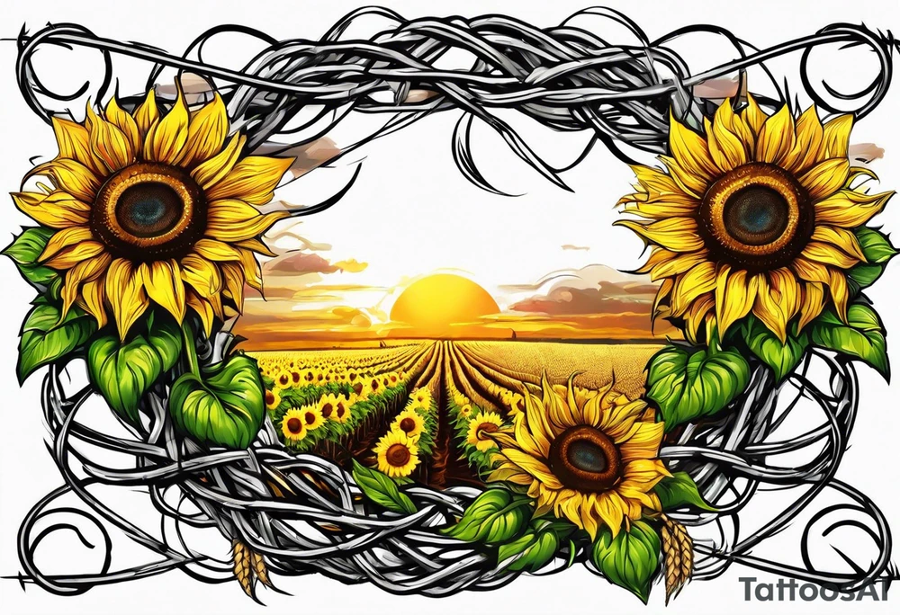 Sunflower, wheat, and barbed wire half sleeve tattoo idea