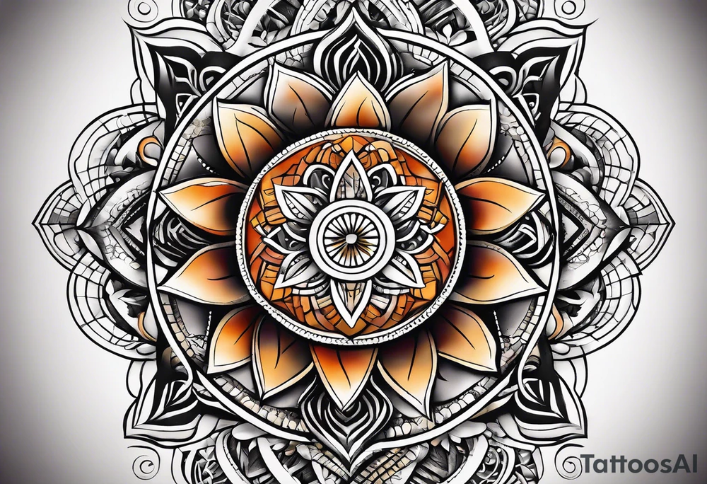 front knee tattoo with sacred geometry, swirls & washes, background and in fall colors tattoo idea