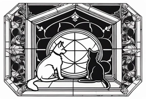 dog and cat sitting on floor and looking out octagonal window together tattoo idea