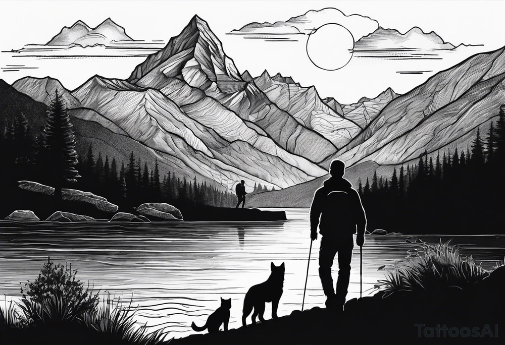 nature, sunset, mountains, a father and son hiking with their dog and cat by the water tattoo idea
