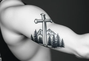 russian christian orthodox cross which is relatively small, with the diagonal line at the bottom with a light forrest with a light mountainous setting tattoo idea