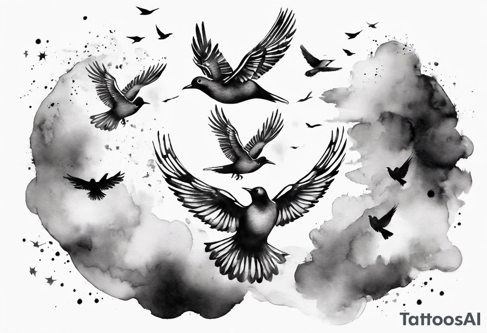 shoulder tattoo with light rays with birds flying free among the clouds, round shape, 3d effect tattoo idea