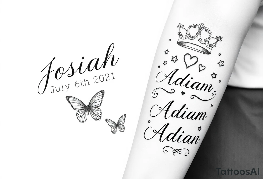 Feminine womens tatto that starts as sleeve and goes down to ankle and in tattoo the names JOSIAH in cursive written with the date July 6th 2021 in roman numerals AND NEXT TO NAME A PRINCE CROWN and butterfly's and the cancer zodiac number in between with the capricorn sing in between and hearts and the next part lower part of tatto the name ADIAN WITH THE DATE March 10th 2023 IN ROMEN NUMERALS WITH A SMALLER PRINCE CROWN THEN THE JOSIAHS CROWN AND THEN LITTLE BUTTERFLYS WITH THE PACIES ZODIAC SING IN AND THE CAPRICORN ZODIAC SIGN BOTH SMALL AND IN BETWEEN THE BUTYERFLYS AND HEARTS MAKE IT MIX TOGTHER DO THE SAME WITH THE CANCER AND CPROCORN SIGN ABOVE tattoo idea