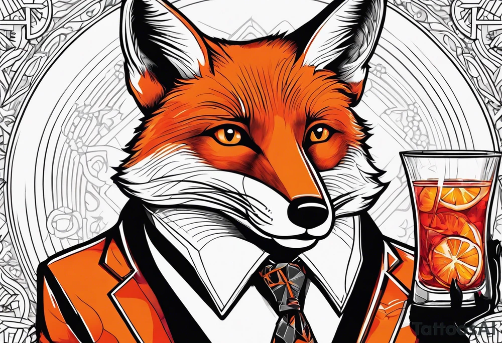 Adult male fox with Negroni in short lowball cocktail glass with ice and orange peel with disco background tattoo idea