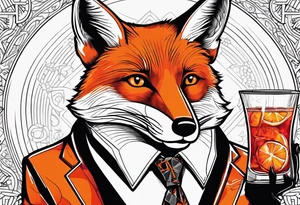 Adult male fox with Negroni in short lowball cocktail glass with ice and orange peel with disco background tattoo idea