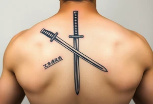 Katana with a black belt and fabled written in korean tattoo idea