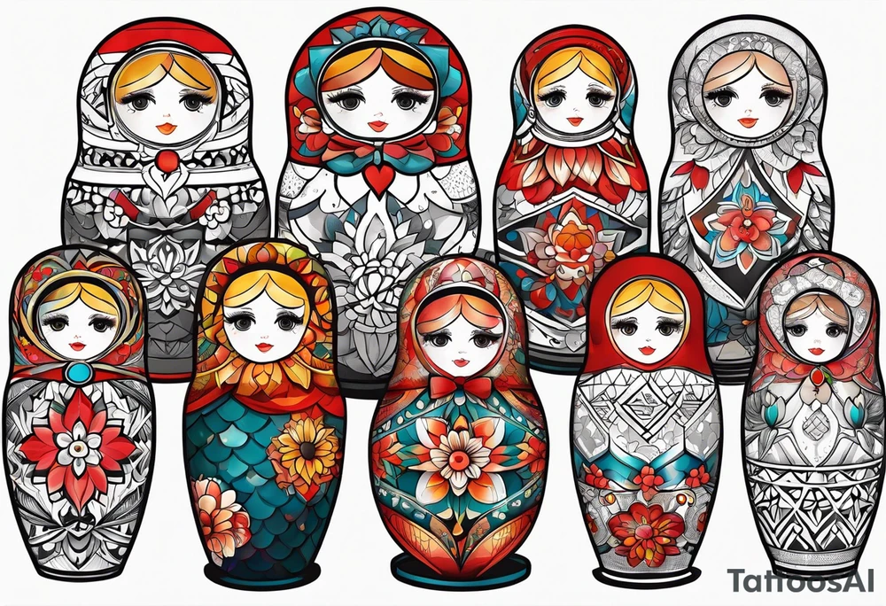 Matryoshka with geometric design,  with large pattern around it tattoo idea