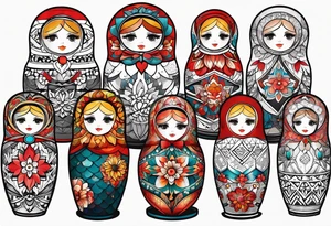 Matryoshka with geometric design,  with large pattern around it tattoo idea
