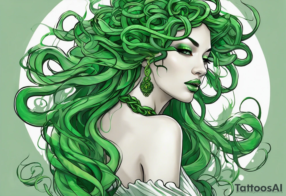 Here is a rough sketch of your Medusa tattoo concept:

- **Medusa's Full Body**: Positioned in the center, floating.
- **Glowing Eyes**: Highlighted in white to stand out against her green complexion.
- **Green Snakes for Hair**: Radiating in various directions from her head.
- **White Sheer Dress**: Flowing down her body, semi-transparent to hint at her form beneath.

This sketch captures the basic elements and composition. For a final design, a tattoo artist can add intricate details, shading, and texture to bring Medusa to life with the ethereal and mystical qualities you described. tattoo idea