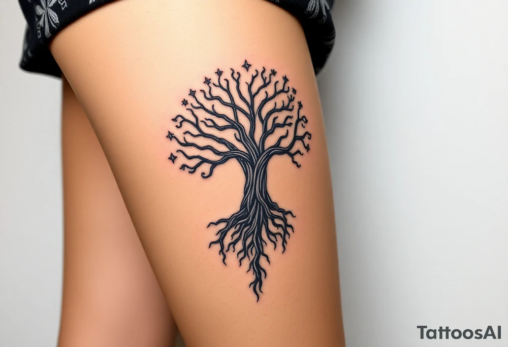 mystical tree of life with cosmic roots and celestial branches tattoo idea