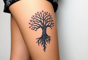 mystical tree of life with cosmic roots and celestial branches tattoo idea