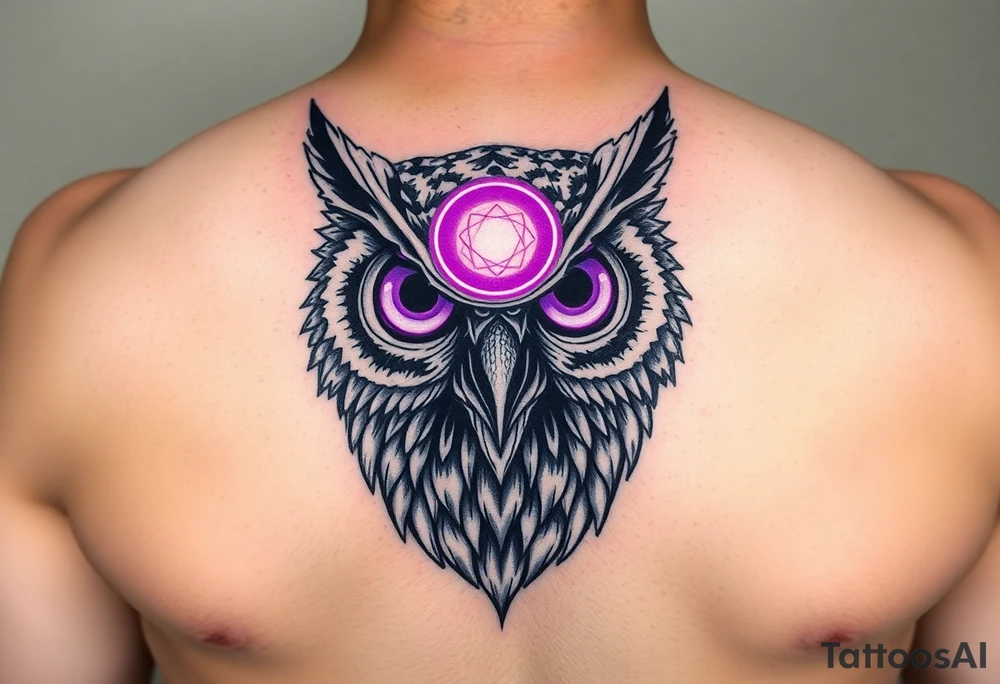 Cyber Owl head with large intense tripping purple eyes without pupils and geometry glowing circle on the forhead tattoo idea