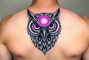 Cyber Owl head with large intense tripping purple eyes without pupils and geometry glowing circle on the forhead tattoo idea